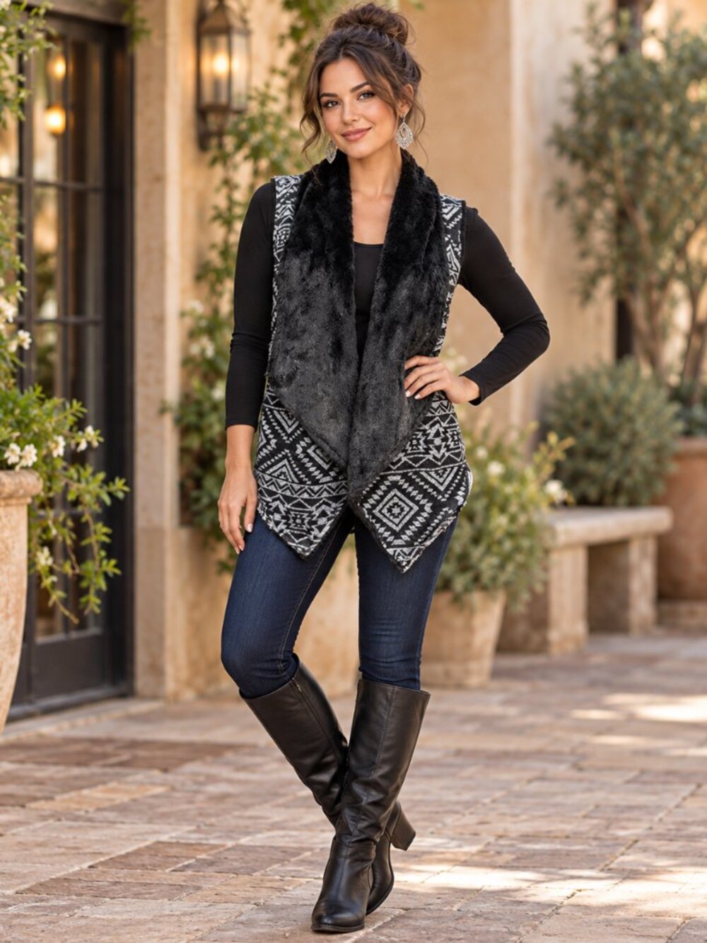 Spoiled Black Gray Aztec Faux Fur Open Front Vest M Boho Western